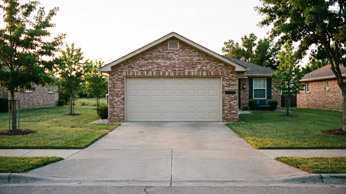 A brick house with a beige garage door and a concrete driveway.