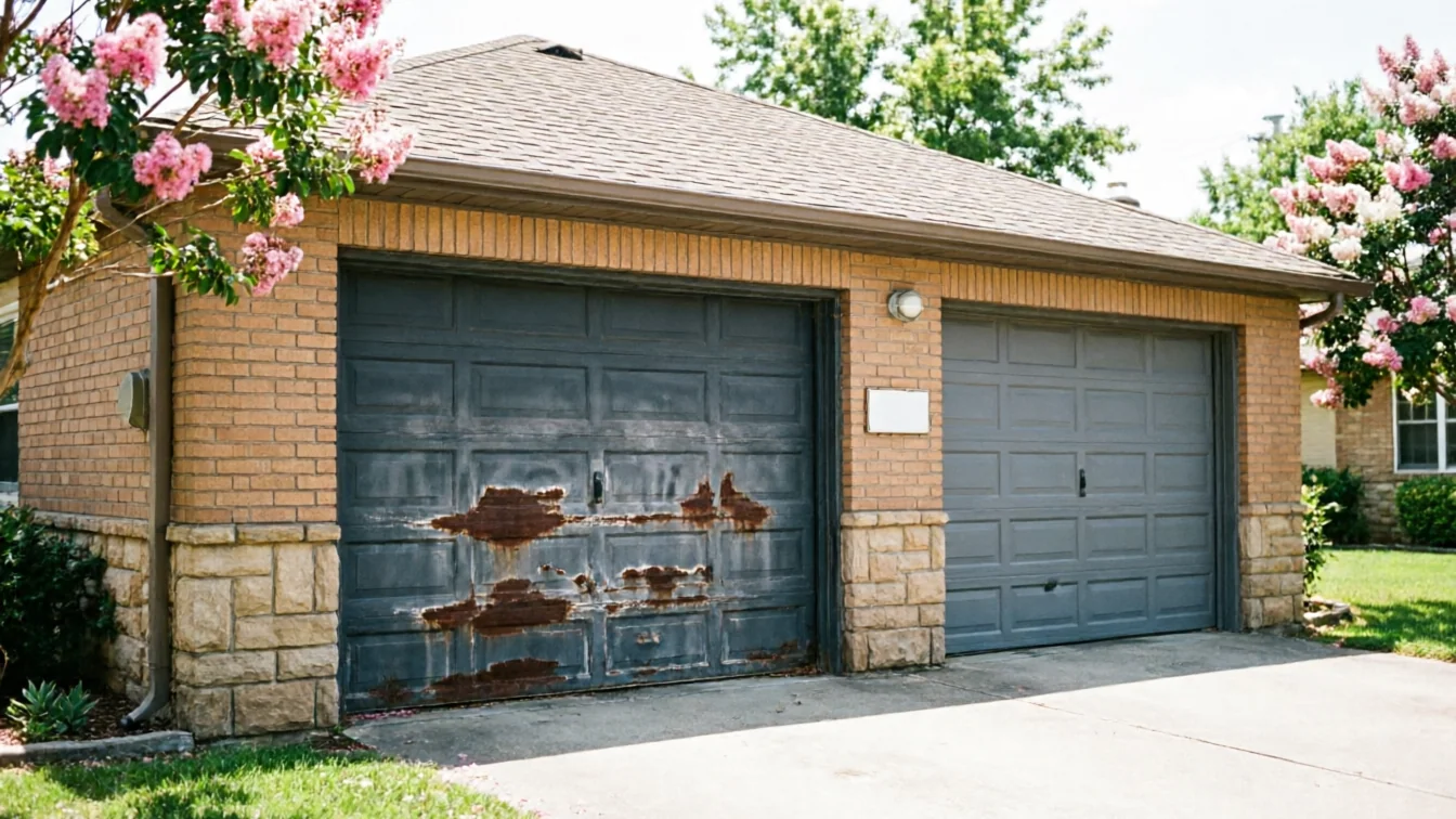 Two gray garage doors on a brick house, one with rust and peeling paint.