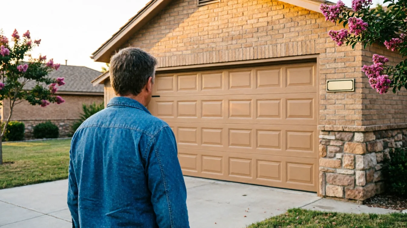A man in a blue shirt stands facing a tan garage door on a brick house.
