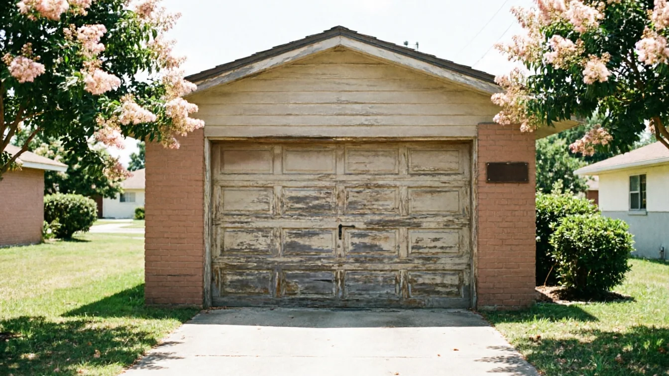 The old wooden garage door has peeling paint and a black handle.
