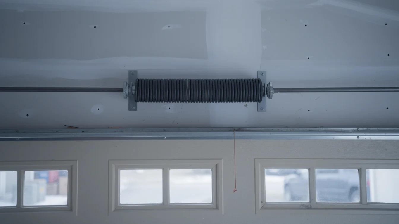 A torsion spring is mounted above a white garage door with windows.