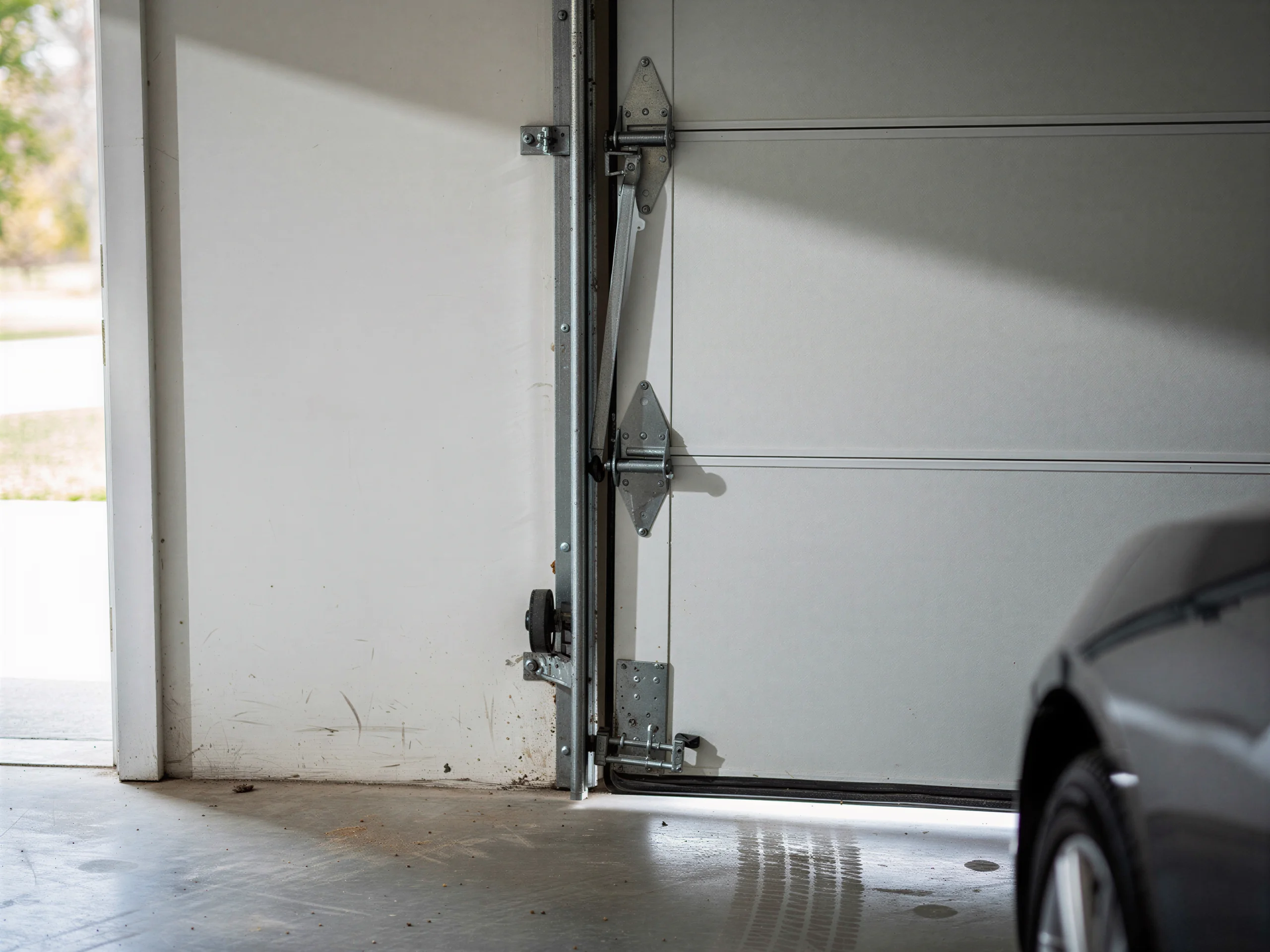 A white garage door is partially open with a car visible inside.