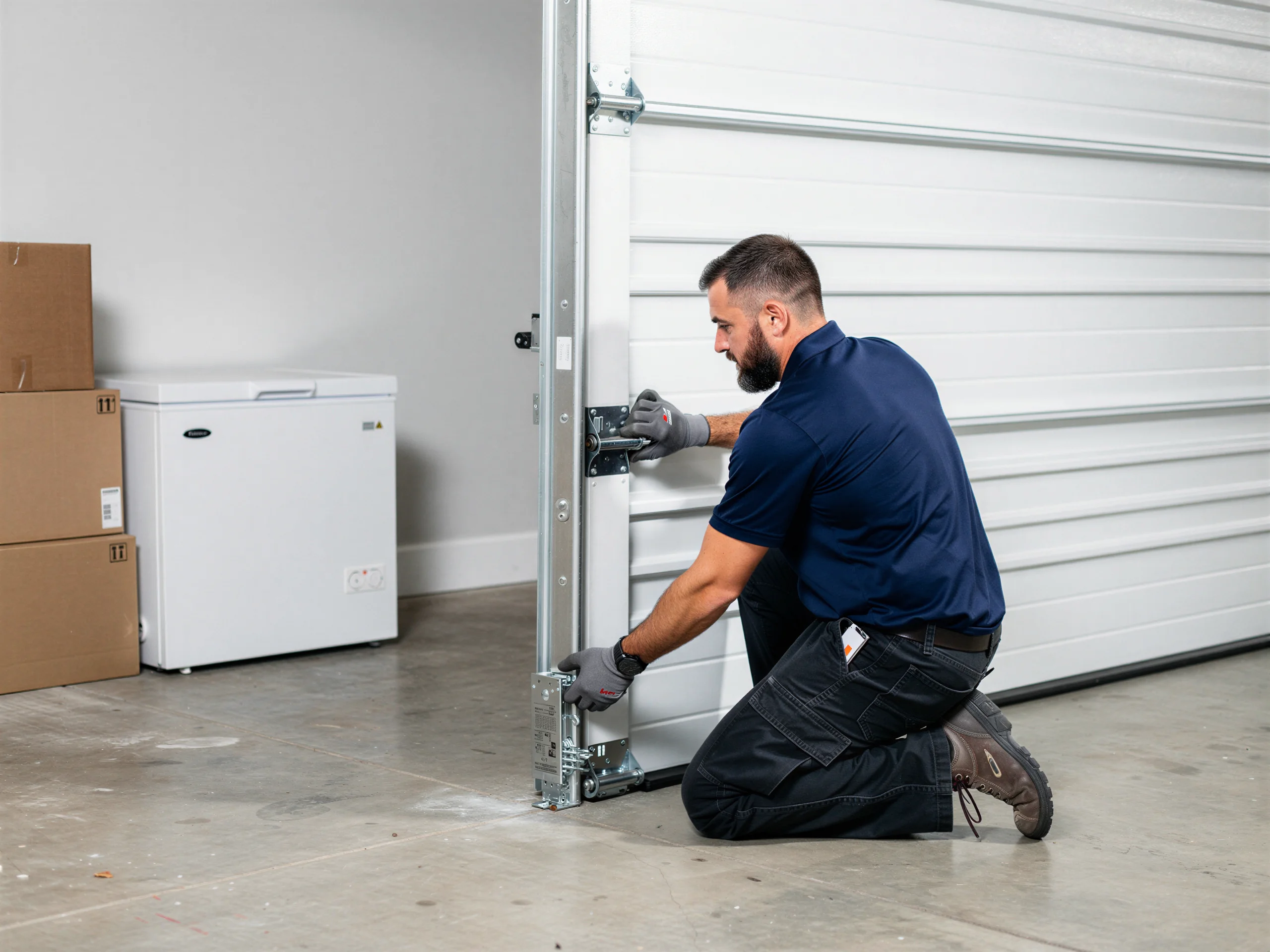 A technician kneels, adjusting the bottom roller of a white garage door.